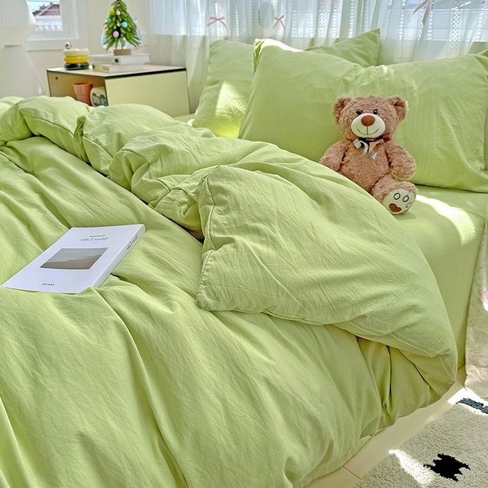 91家纺网 家纺一手货源 找家纺 繁花家居 2025新款高克重撞色水洗棉四件套 抹茶绿