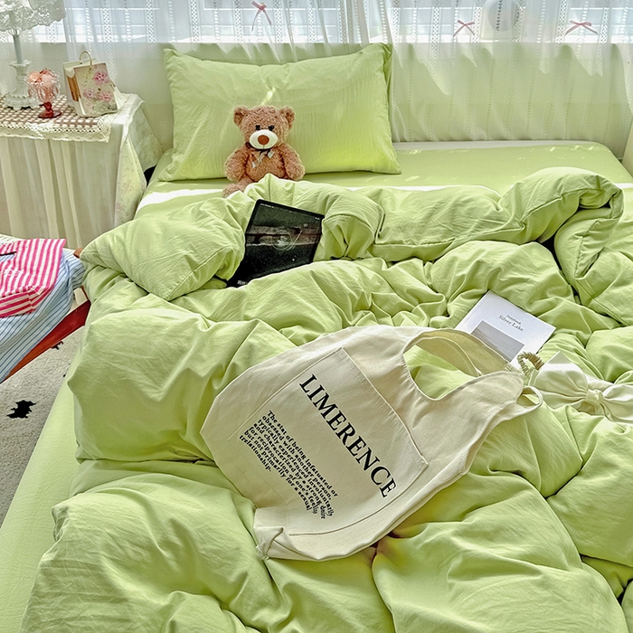 91家纺网 家纺一手货源 找家纺 繁花家居 2025新款高克重撞色水洗棉四件套 抹茶绿