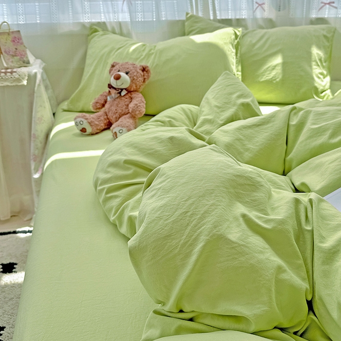 91家纺网 家纺一手货源 找家纺 繁花家居 2025新款高克重撞色水洗棉四件套 抹茶绿