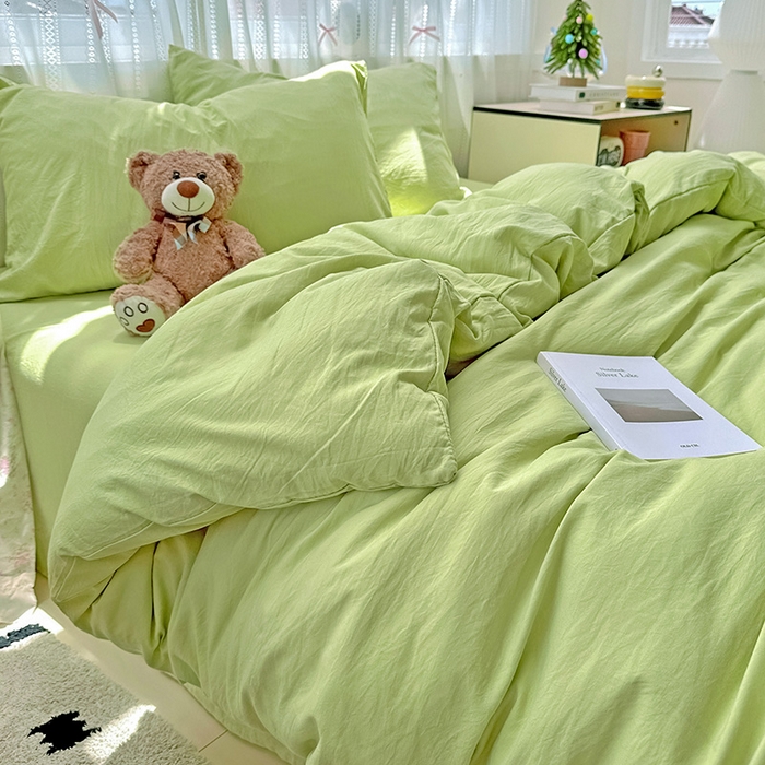 91家纺网 家纺一手货源 找家纺 繁花家居 2025新款高克重撞色水洗棉四件套 抹茶绿