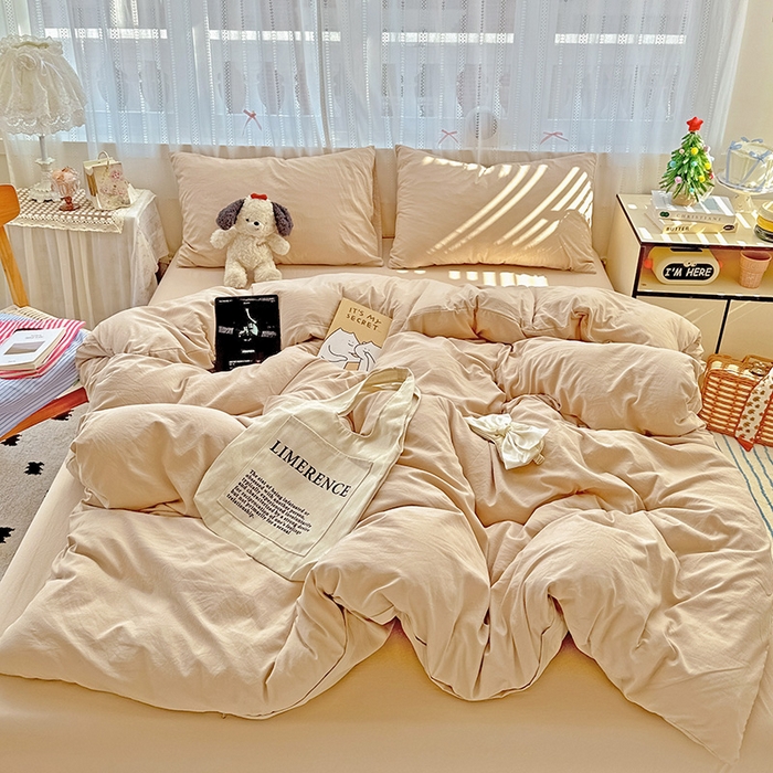 91家纺网 家纺一手货源 找家纺 繁花家居 2025新款高克重撞色水洗棉四件套 奶茶