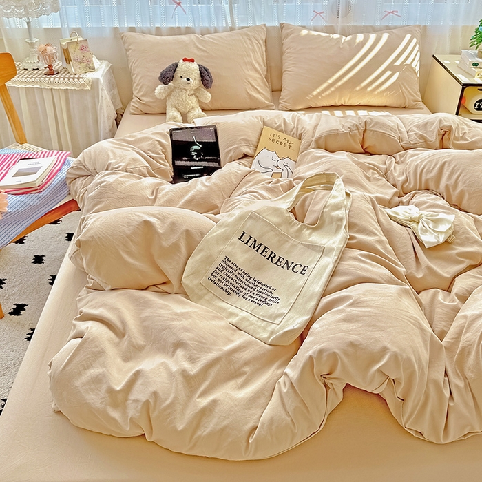 91家纺网 家纺一手货源 找家纺 繁花家居 2025新款高克重撞色水洗棉四件套 奶茶