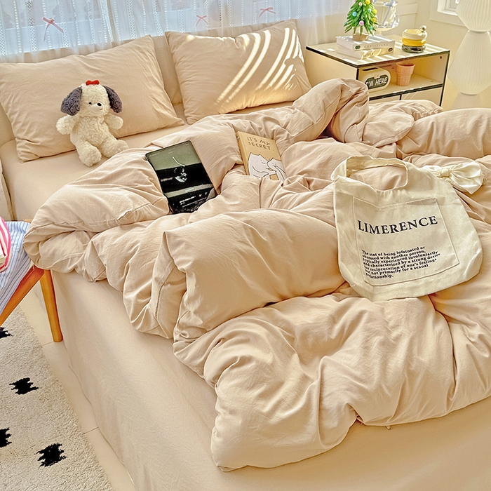 91家纺网 家纺一手货源 找家纺 繁花家居 2025新款高克重撞色水洗棉四件套 奶茶