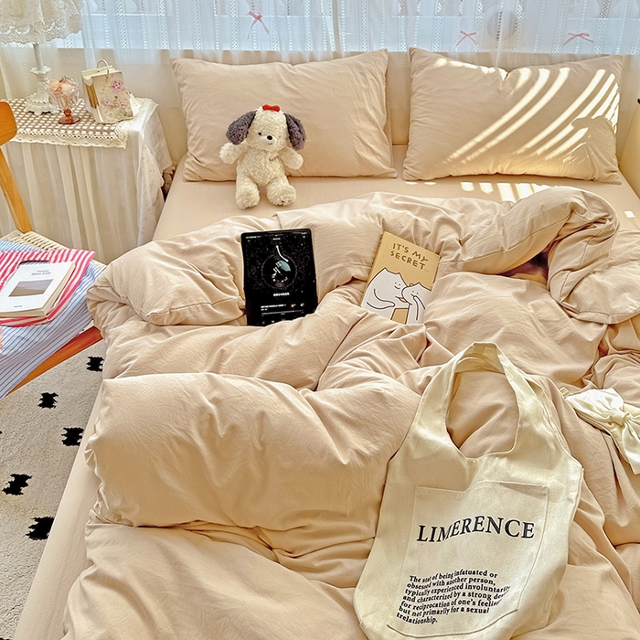 91家纺网 家纺一手货源 找家纺 繁花家居 2025新款高克重撞色水洗棉四件套 奶茶