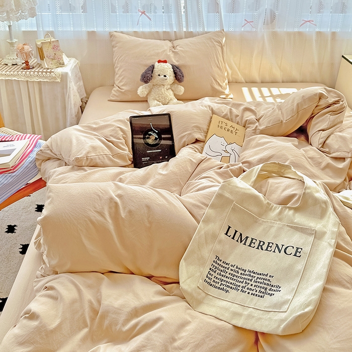 91家纺网 家纺一手货源 找家纺 繁花家居 2025新款高克重撞色水洗棉四件套 奶茶