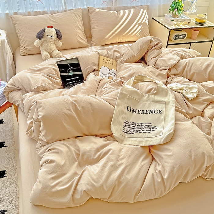 91家纺网 家纺一手货源 找家纺 繁花家居 2025新款高克重撞色水洗棉四件套 奶茶