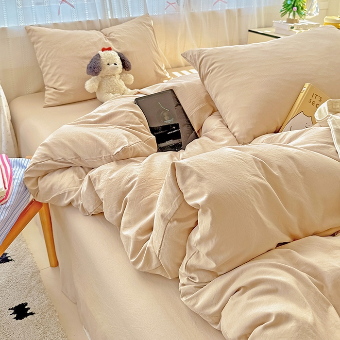 91家纺网 家纺一手货源 找家纺 繁花家居 2025新款高克重撞色水洗棉四件套 奶茶