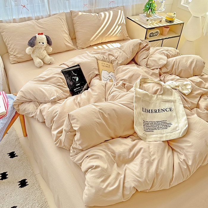 91家纺网 家纺一手货源 找家纺 繁花家居 2025新款高克重撞色水洗棉四件套 奶茶