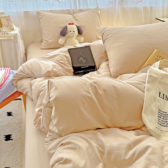 91家纺网 家纺一手货源 找家纺 繁花家居 2025新款高克重撞色水洗棉四件套 奶茶