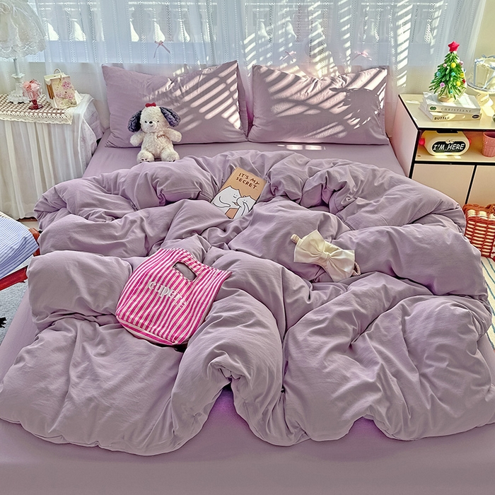 91家纺网 家纺一手货源 找家纺 繁花家居 2025新款高克重撞色水洗棉四件套 奶油紫