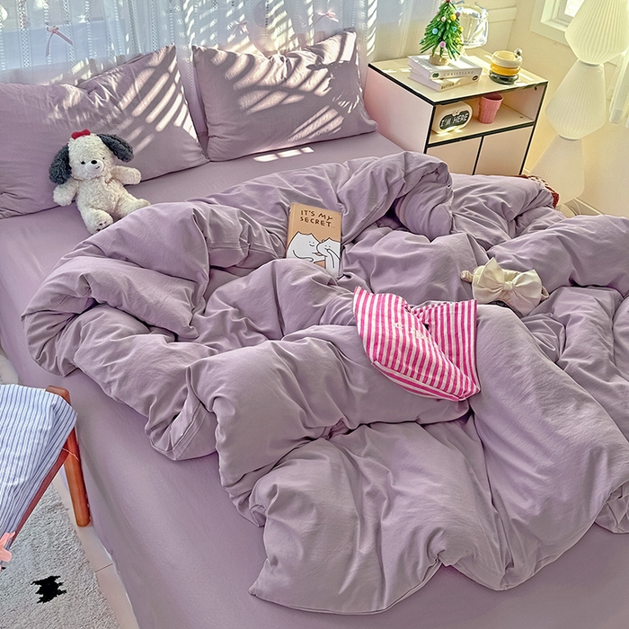 91家纺网 家纺一手货源 找家纺 繁花家居 2025新款高克重撞色水洗棉四件套 奶油紫