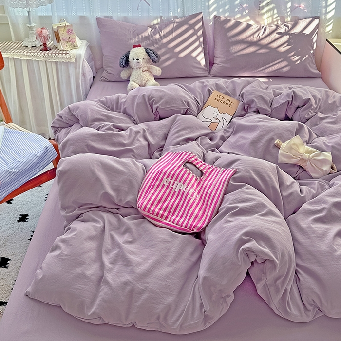 91家纺网 家纺一手货源 找家纺 繁花家居 2025新款高克重撞色水洗棉四件套 奶油紫