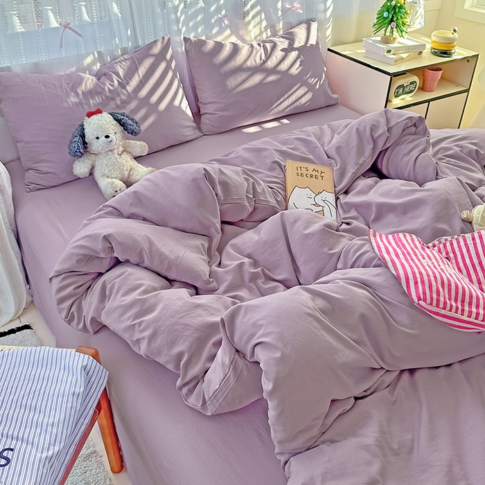 91家纺网 家纺一手货源 找家纺 繁花家居 2025新款高克重撞色水洗棉四件套 奶油紫