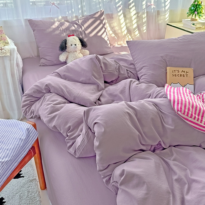 91家纺网 家纺一手货源 找家纺 繁花家居 2025新款高克重撞色水洗棉四件套 奶油紫