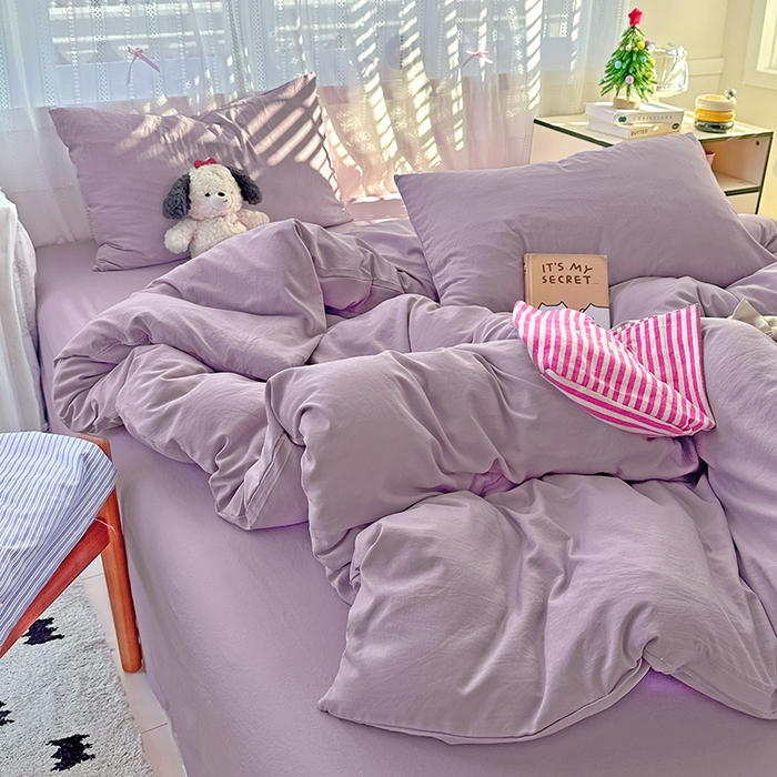 91家纺网 家纺一手货源 找家纺 繁花家居 2025新款高克重撞色水洗棉四件套 奶油紫