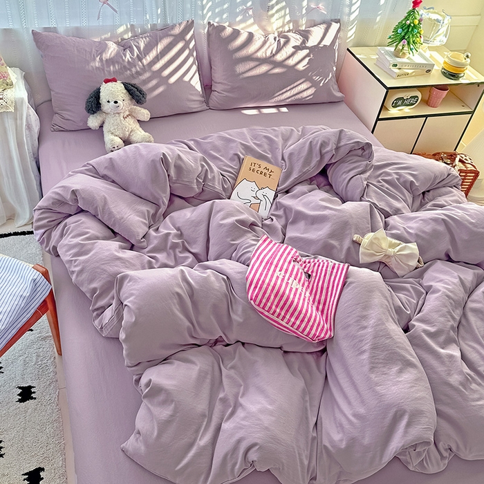 91家纺网 家纺一手货源 找家纺 繁花家居 2025新款高克重撞色水洗棉四件套 奶油紫