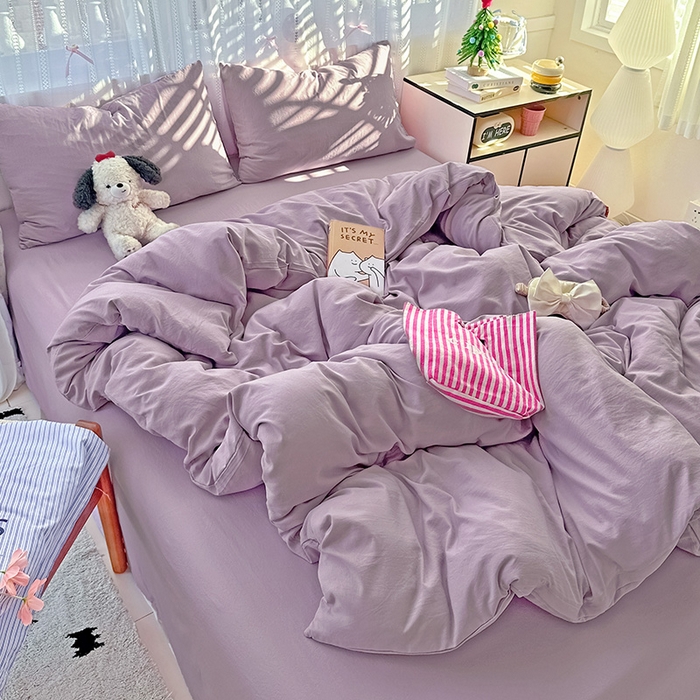 91家纺网 家纺一手货源 找家纺 繁花家居 2025新款高克重撞色水洗棉四件套 奶油紫