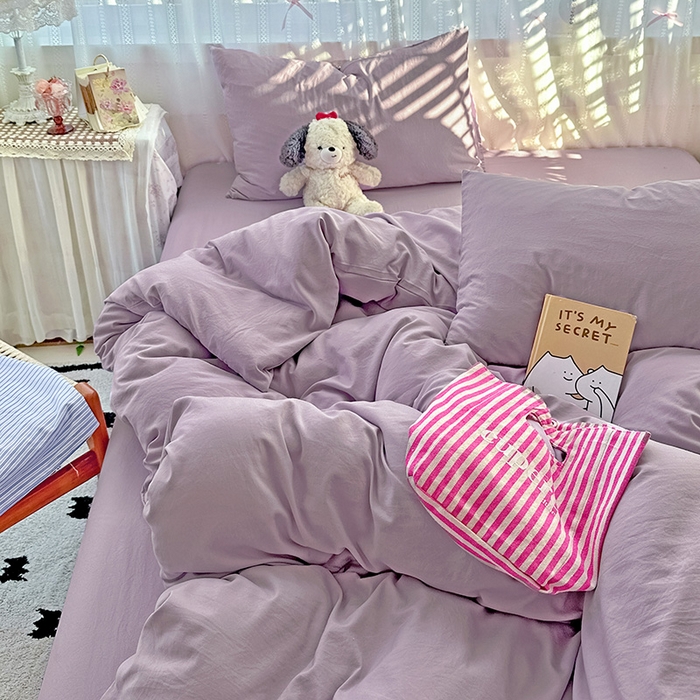 91家纺网 家纺一手货源 找家纺 繁花家居 2025新款高克重撞色水洗棉四件套 奶油紫