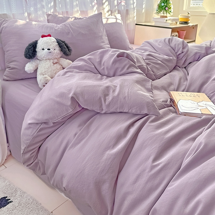 91家纺网 家纺一手货源 找家纺 繁花家居 2025新款高克重撞色水洗棉四件套 奶油紫