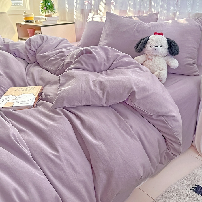 91家纺网 家纺一手货源 找家纺 繁花家居 2025新款高克重撞色水洗棉四件套 奶油紫