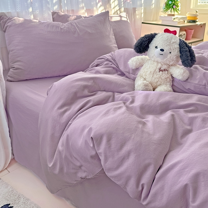 91家纺网 家纺一手货源 找家纺 繁花家居 2025新款高克重撞色水洗棉四件套 奶油紫