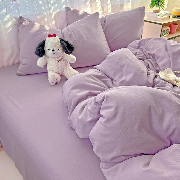 91家纺网 家纺一手货源 找家纺 繁花家居 2025新款高克重撞色水洗棉四件套 奶油紫