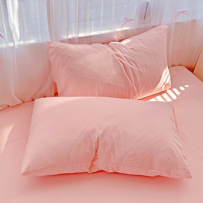 91家纺网 家纺一手货源 找家纺 繁花家居 2025新款高克重撞色水洗棉四件套 仙女粉