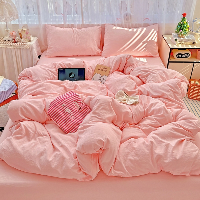 91家纺网 家纺一手货源 找家纺 繁花家居 2025新款高克重撞色水洗棉四件套 仙女粉