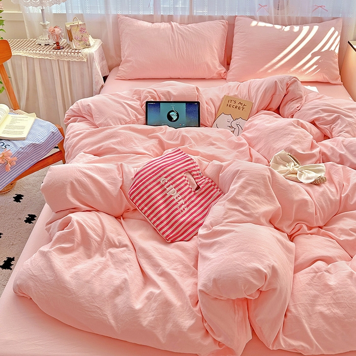 91家纺网 家纺一手货源 找家纺 繁花家居 2025新款高克重撞色水洗棉四件套 仙女粉