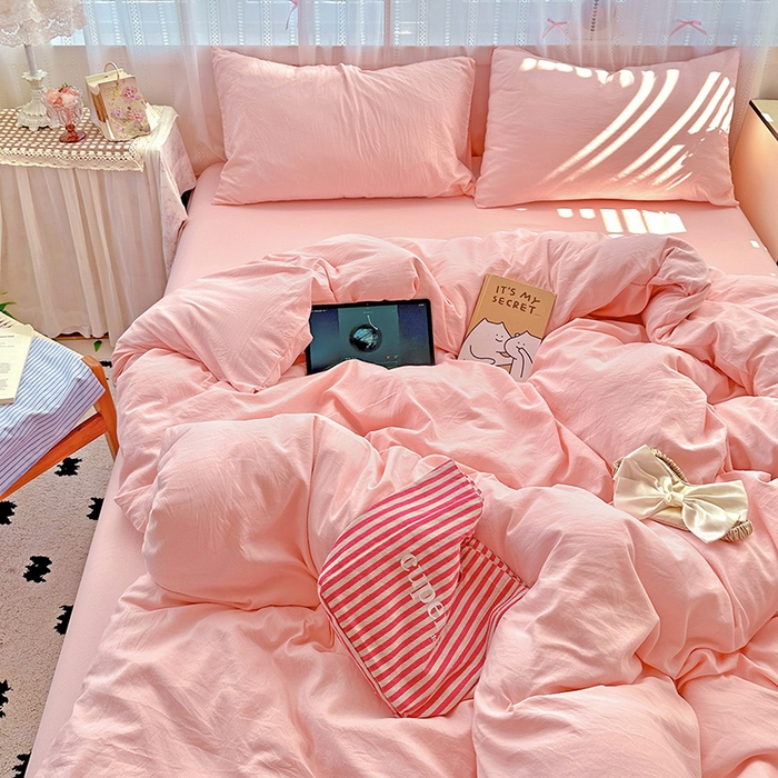 91家纺网 家纺一手货源 找家纺 繁花家居 2025新款高克重撞色水洗棉四件套 仙女粉