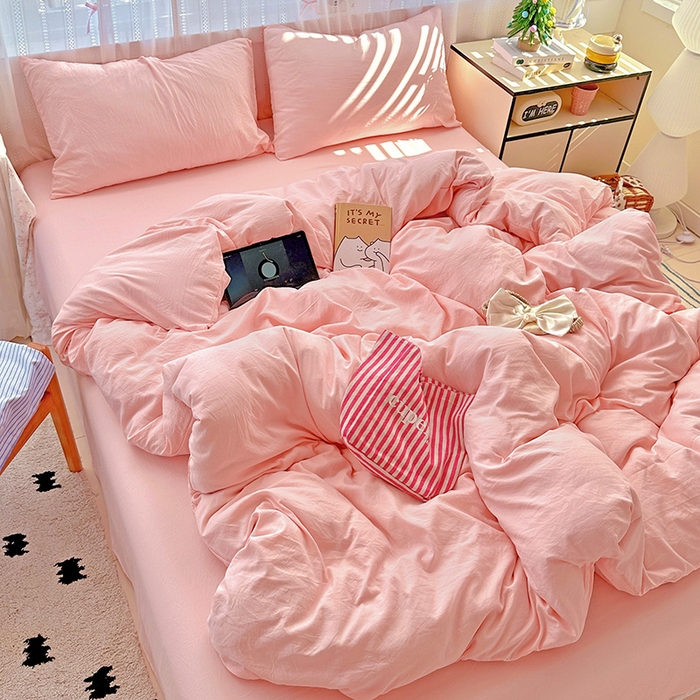 91家纺网 家纺一手货源 找家纺 繁花家居 2025新款高克重撞色水洗棉四件套 仙女粉