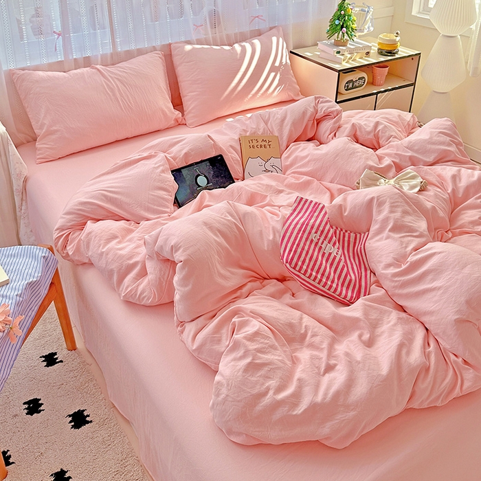 91家纺网 家纺一手货源 找家纺 繁花家居 2025新款高克重撞色水洗棉四件套 仙女粉