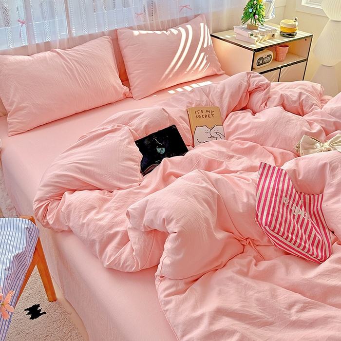 91家纺网 家纺一手货源 找家纺 繁花家居 2025新款高克重撞色水洗棉四件套 仙女粉