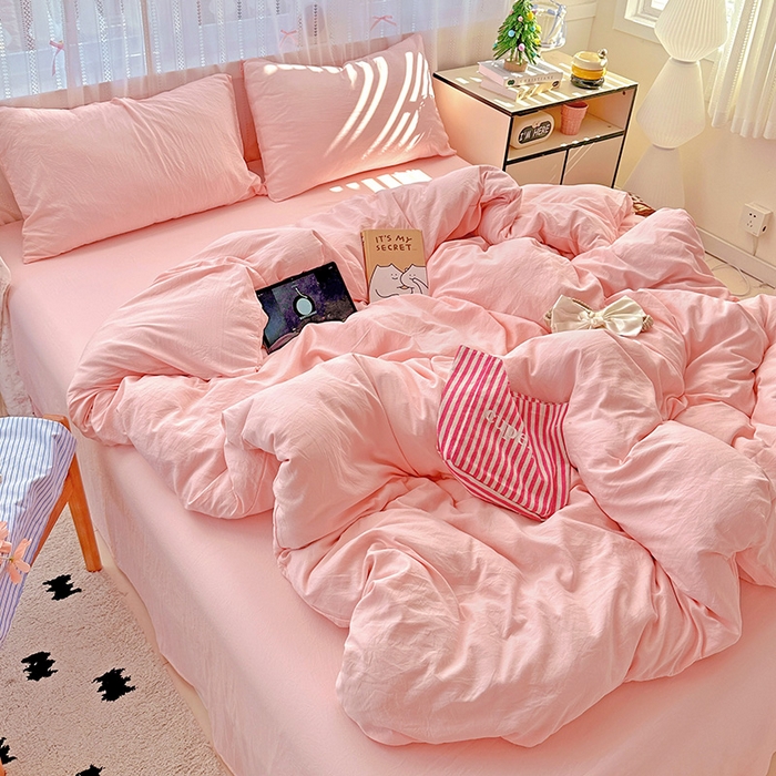 91家纺网 家纺一手货源 找家纺 繁花家居 2025新款高克重撞色水洗棉四件套 仙女粉