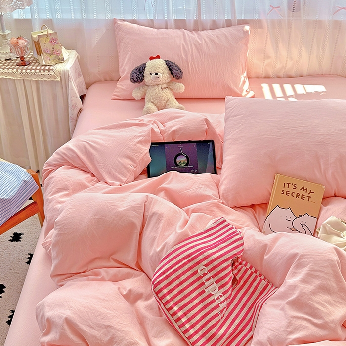 91家纺网 家纺一手货源 找家纺 繁花家居 2025新款高克重撞色水洗棉四件套 仙女粉