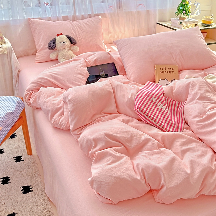 91家纺网 家纺一手货源 找家纺 繁花家居 2025新款高克重撞色水洗棉四件套 仙女粉