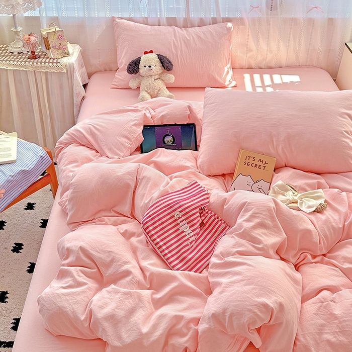 91家纺网 家纺一手货源 找家纺 繁花家居 2025新款高克重撞色水洗棉四件套 仙女粉