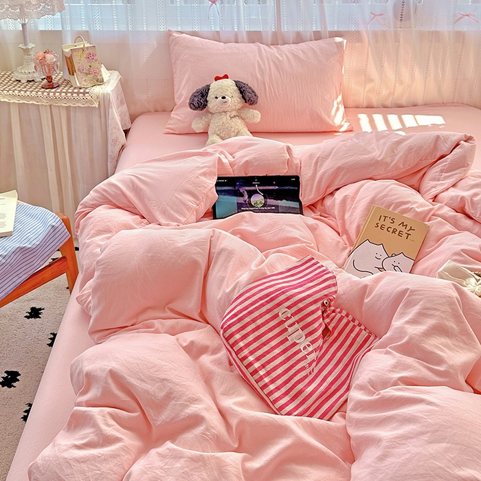 91家纺网 家纺一手货源 找家纺 繁花家居 2025新款高克重撞色水洗棉四件套 仙女粉