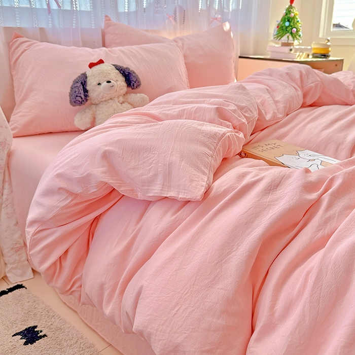 91家纺网 家纺一手货源 找家纺 繁花家居 2025新款高克重撞色水洗棉四件套 仙女粉