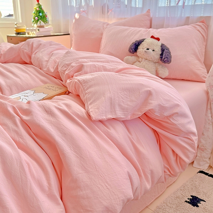 91家纺网 家纺一手货源 找家纺 繁花家居 2025新款高克重撞色水洗棉四件套 仙女粉