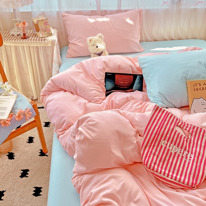 繁花家居 2025新款高克重撞色水洗棉四件套 仙女粉+海盐蓝