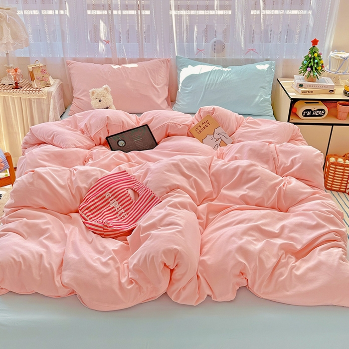 91家纺网 家纺一手货源 找家纺 繁花家居 2025新款高克重撞色水洗棉四件套 仙女粉+海盐蓝