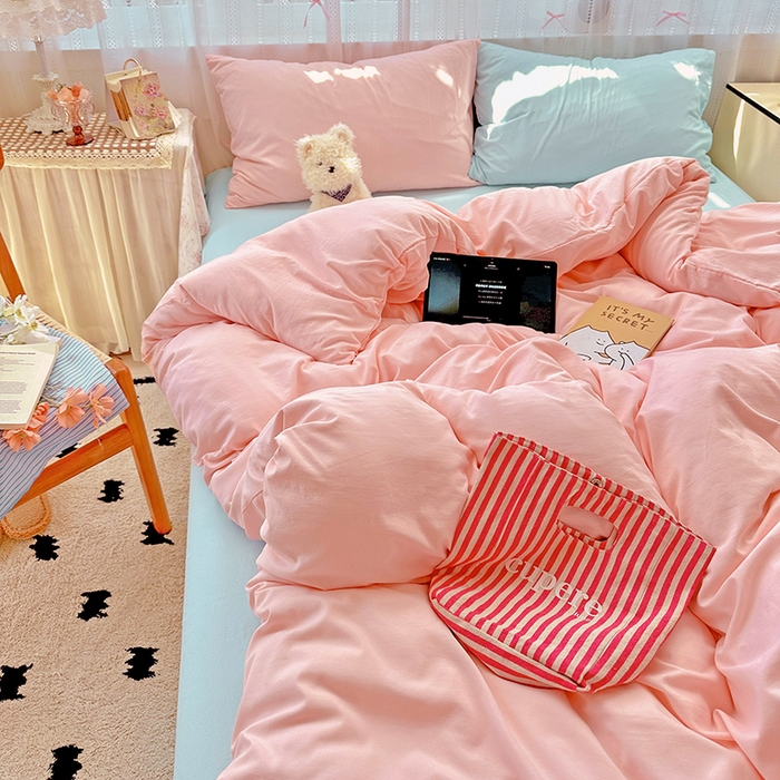 91家纺网 家纺一手货源 找家纺 繁花家居 2025新款高克重撞色水洗棉四件套 仙女粉+海盐蓝