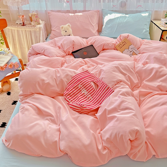 91家纺网 家纺一手货源 找家纺 繁花家居 2025新款高克重撞色水洗棉四件套 仙女粉+海盐蓝