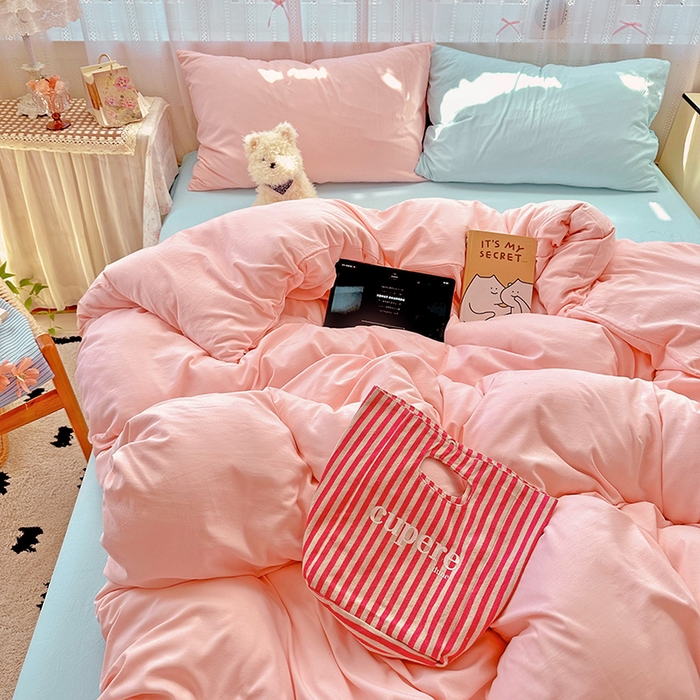 91家纺网 家纺一手货源 找家纺 繁花家居 2025新款高克重撞色水洗棉四件套 仙女粉+海盐蓝