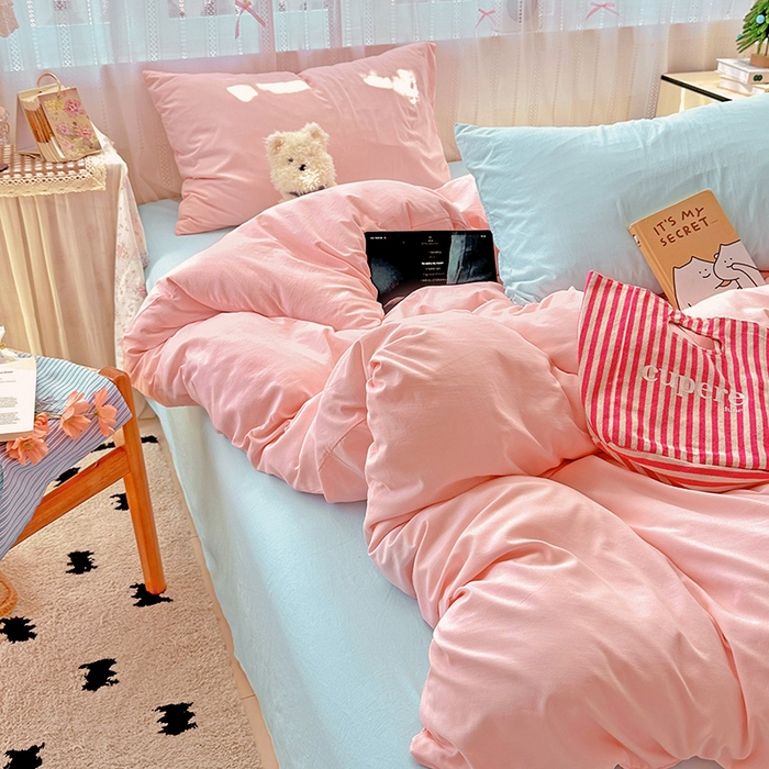 91家纺网 家纺一手货源 找家纺 繁花家居 2025新款高克重撞色水洗棉四件套 仙女粉+海盐蓝