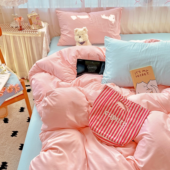 91家纺网 家纺一手货源 找家纺 繁花家居 2025新款高克重撞色水洗棉四件套 仙女粉+海盐蓝