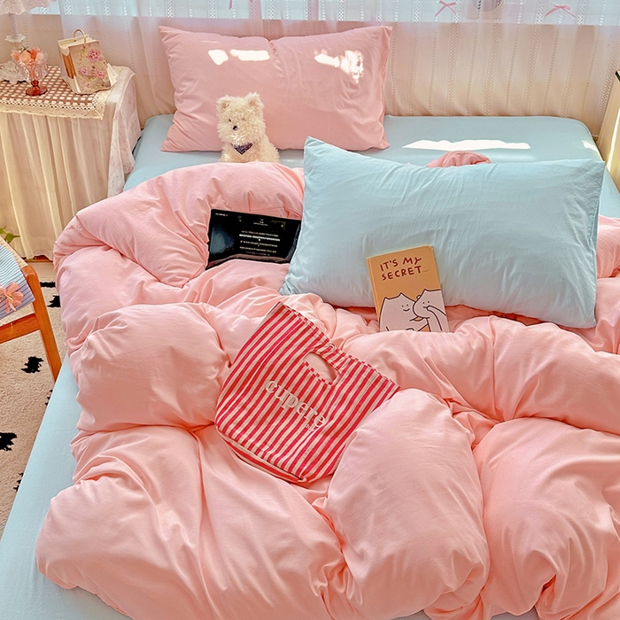 91家纺网 家纺一手货源 找家纺 繁花家居 2025新款高克重撞色水洗棉四件套 仙女粉+海盐蓝