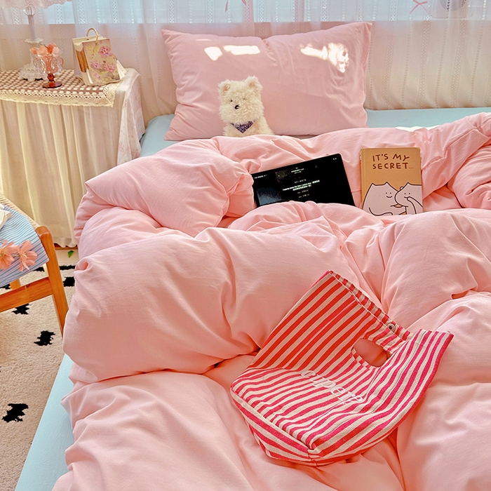 91家纺网 家纺一手货源 找家纺 繁花家居 2025新款高克重撞色水洗棉四件套 仙女粉+海盐蓝