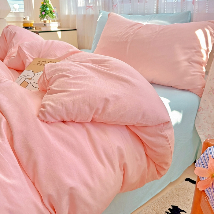 91家纺网 家纺一手货源 找家纺 繁花家居 2025新款高克重撞色水洗棉四件套 仙女粉+海盐蓝